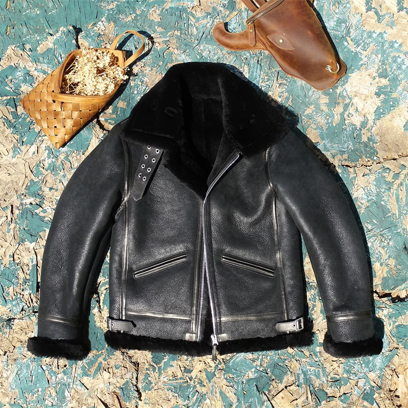 B3 Style Thickened Leather Jacket Men's Upper Body Coat Integrated Sheepskin Fur Warm Comfortable Cold Resistance Short Type