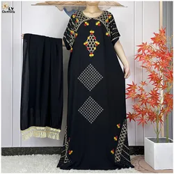 Abaya musulmana para mujer, Vestido de manga corta con bufanda grande, maxivestido suelto bordado de algodón, ropa islámica africana, verano, 2024