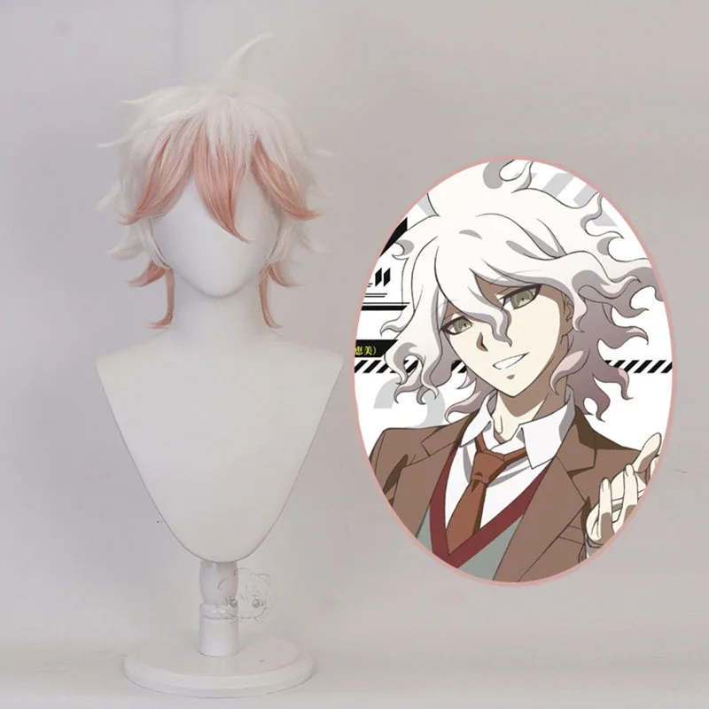 Anime Nagito Komaeda Cosplay Wigs 35cm Short Pink White Color Party Cosplay Heat Resistant Synthetic Hair +Wig Cap