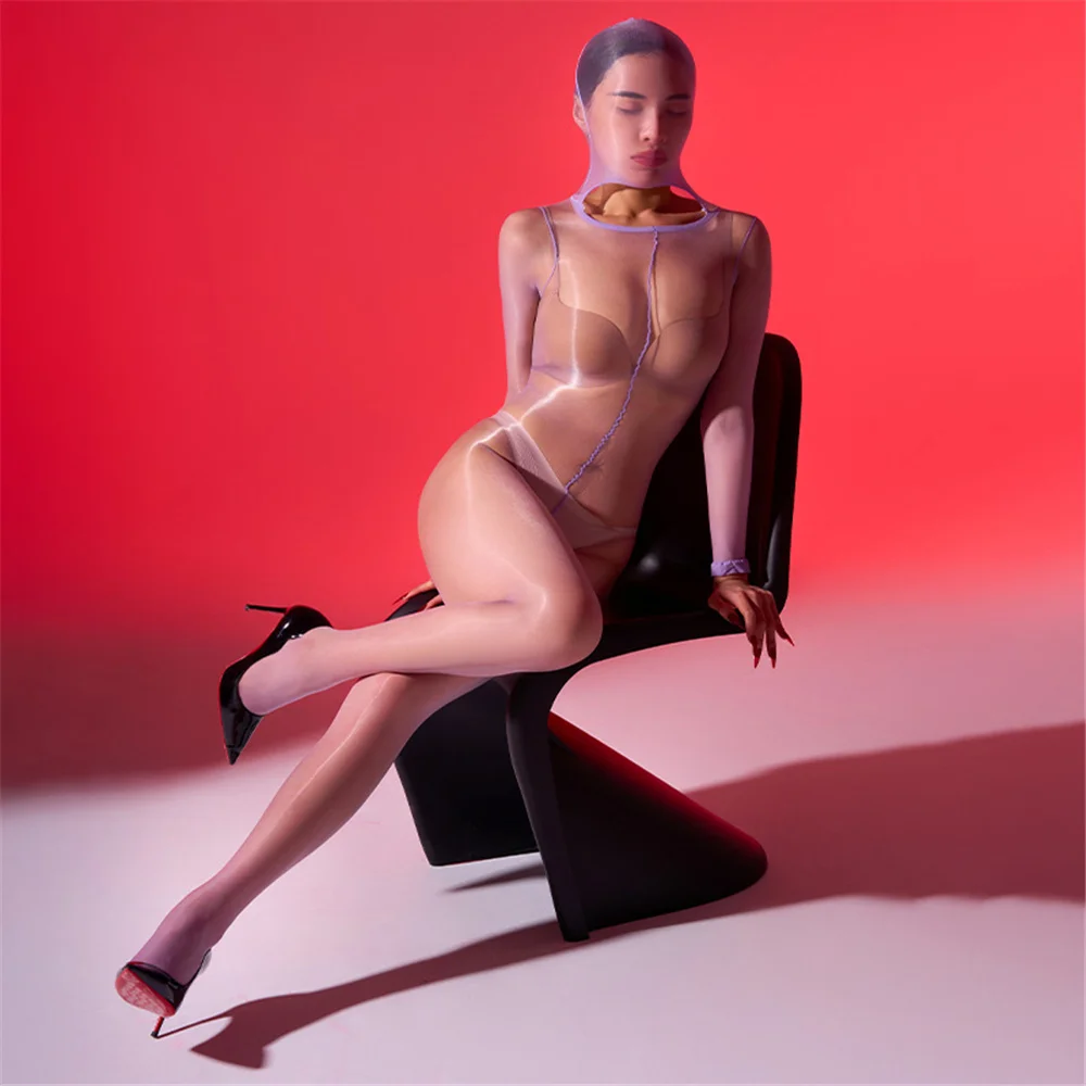 Sexy Women Cosplay Maid Tights Oil Glossy Shiny Bodysuit 1D Thin Silky Jumpsuit Mask Cover Shaping Leotard Open Crotch