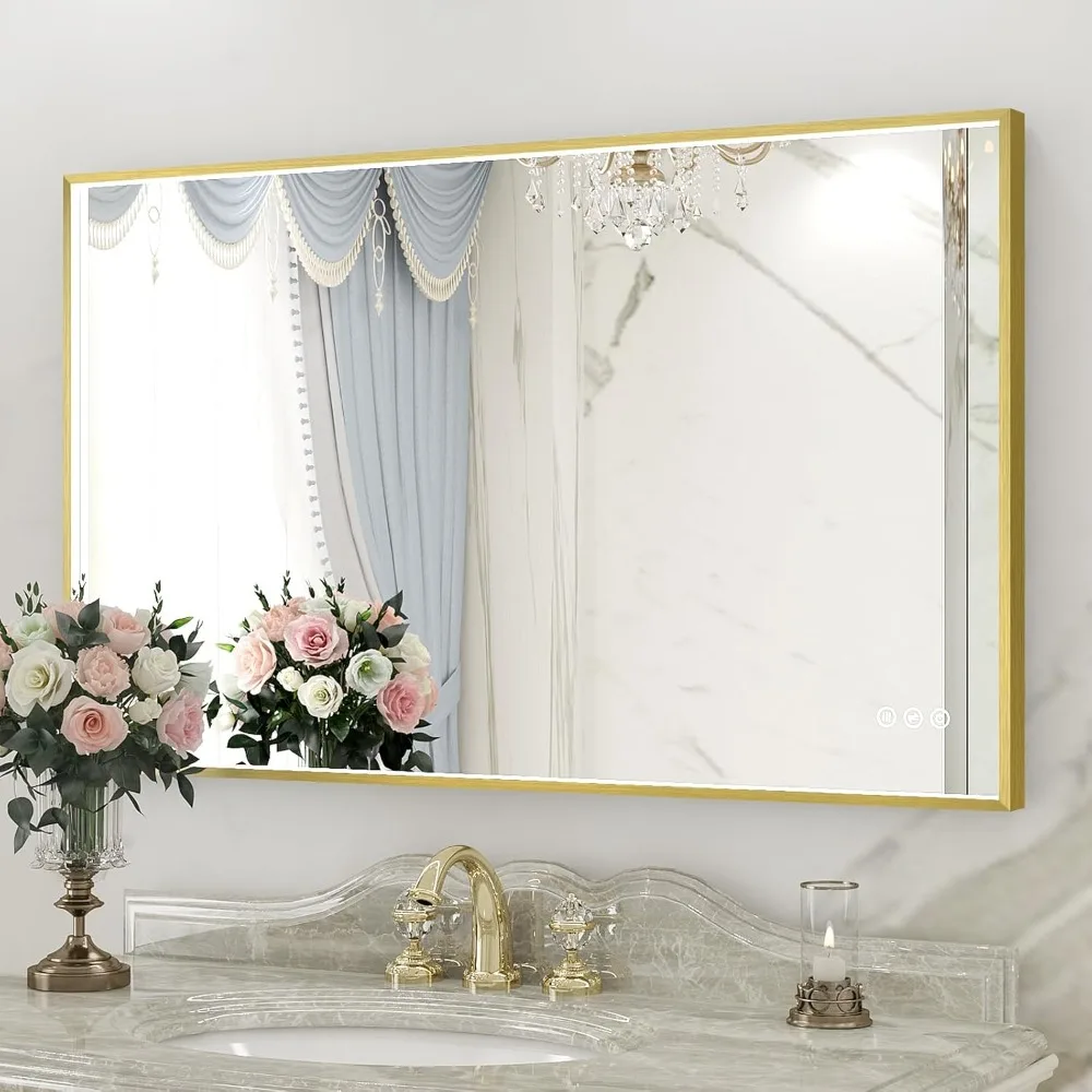 LED Bathroom Mirror Gold Framed 24X40 Inch, LED Mirror Bathroom Anti-Fog, Stepless Dimmable, Front Lit, Memory Function