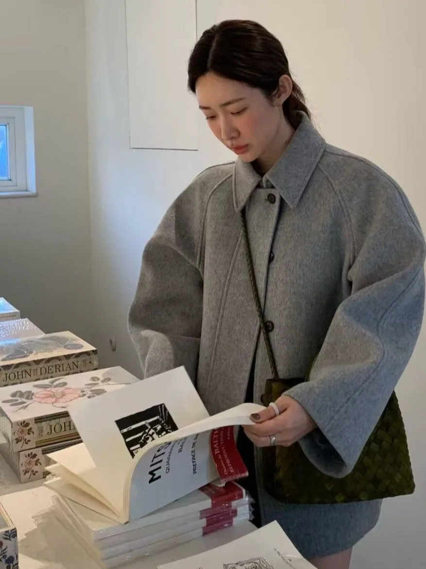 

Retro Trench Coat Women's Korean Sle Autumn Winter ey Woolen Coat 3D Structure Lapel High-End Feeling Faionable Outerwear