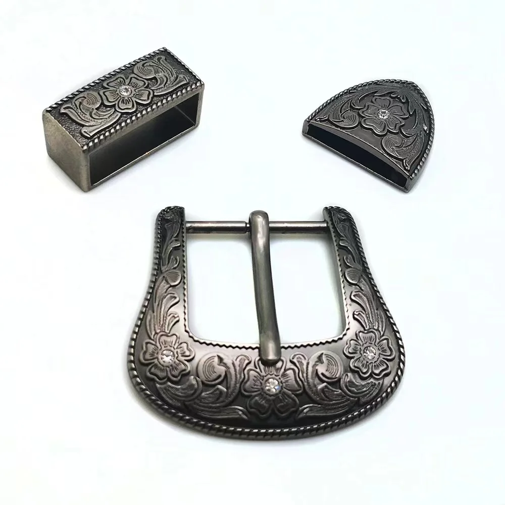 38mm vintage carve pattern beautiful metal women men DIY leather craft belt buckle set antique silver color 3pcs parts/set Acces