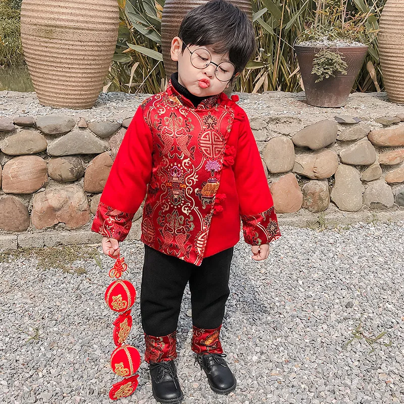 Girls\' Hanfu For Children And Children\'s Daily Chinese Style Plus Cotton Thickened Two-piece Boys\' Chinese New Year Clothes