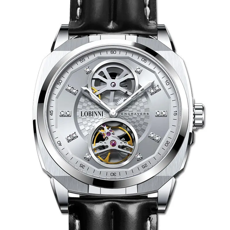 

Мужские автоматические механические часы LOBINNI класса люкс с сапфировым стеклом, водонепроницаемые, с двойным полым маховиком и стразами, модель L17016