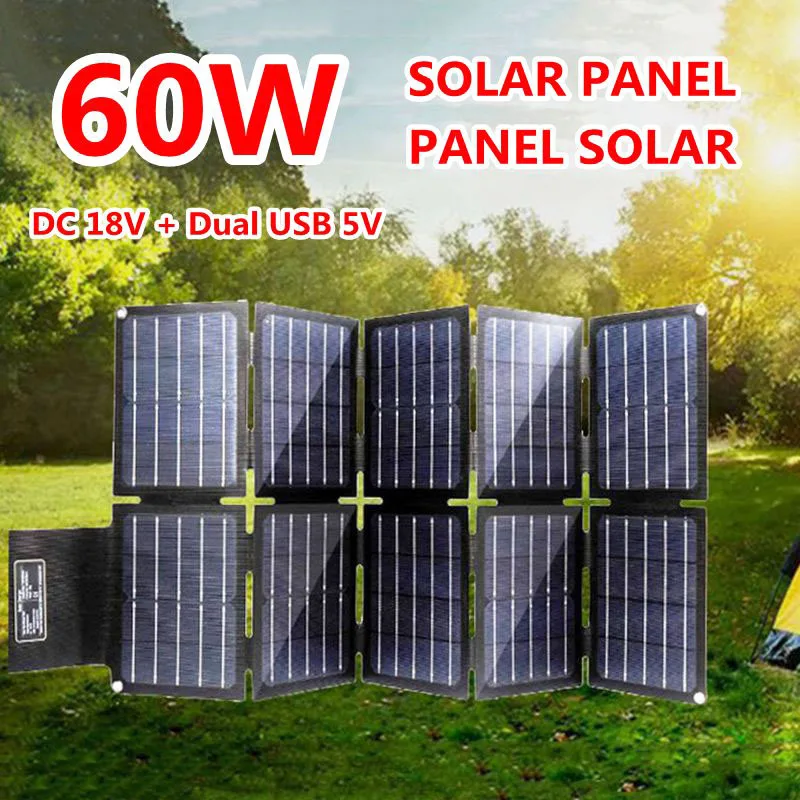 60W ETFE Foldable Solar Panel DC 18V Portable Solar Charger USB 5V Solar Batteries for Phones Tablets Camping Van RV Generator