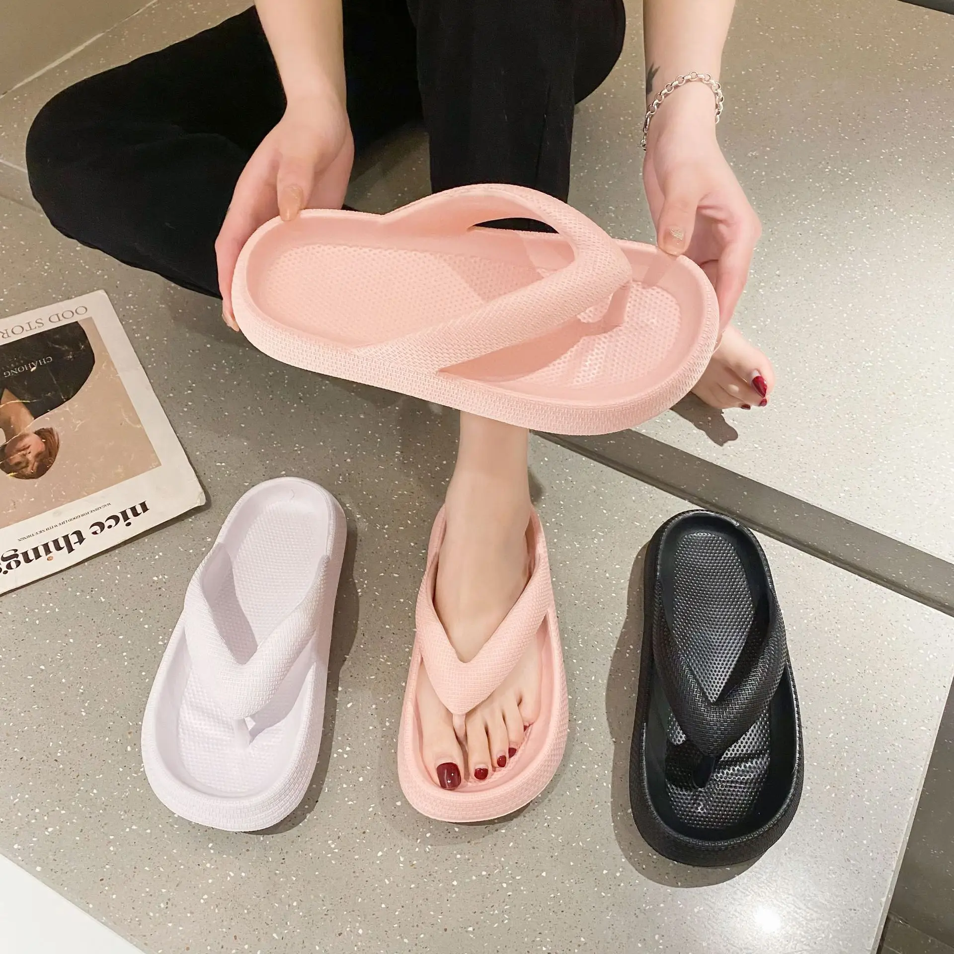 الصيف الوجه يتخبط منصة مسطحة مريح النساء لينة وحيد نعال شاطئ صنادل مماشي للموضة منزل الحمام عدم الانزلاق سميكة سوليد الأحذية #3