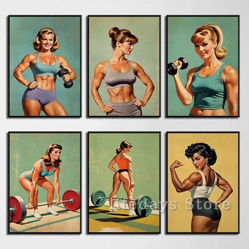 Retro Gym Girl Exercise Fitness Poster and Print Canvas Painting Body Building Weightlifting Wall Art Picture for Gym Room Decor
