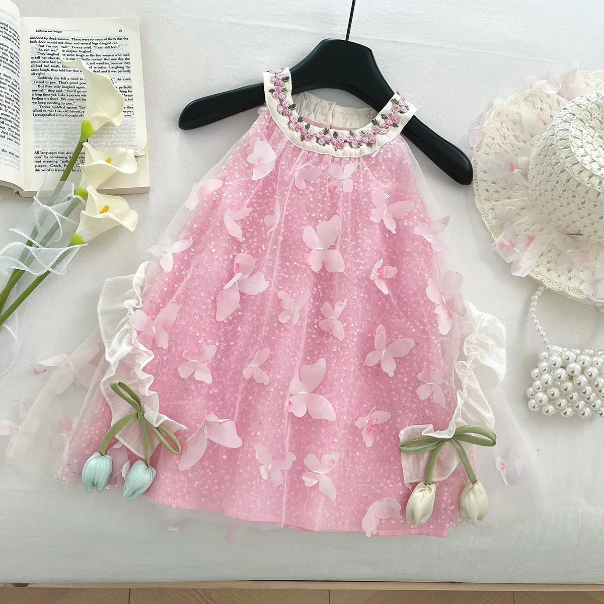 

2025 г., новая корейская версия для девочек, новый жилет с бабочкой, сетчатая детская юбка в иностранном стиле, платье принцессы, модное повседневное платье