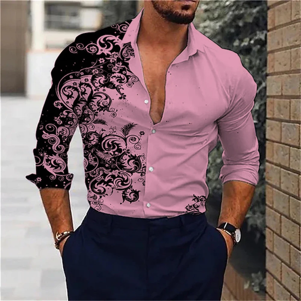 Men's long-sleeved shirt printed men's fashionable and handsome oversized lapel no-iron high quality oversized clothing