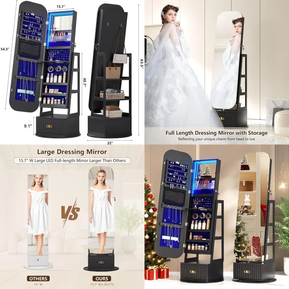 

Full-Length Mirrored Jewelry Cabinet with Swivel, Drawers, and Lighting, Large Storage for Jewelry and Makeup in Black