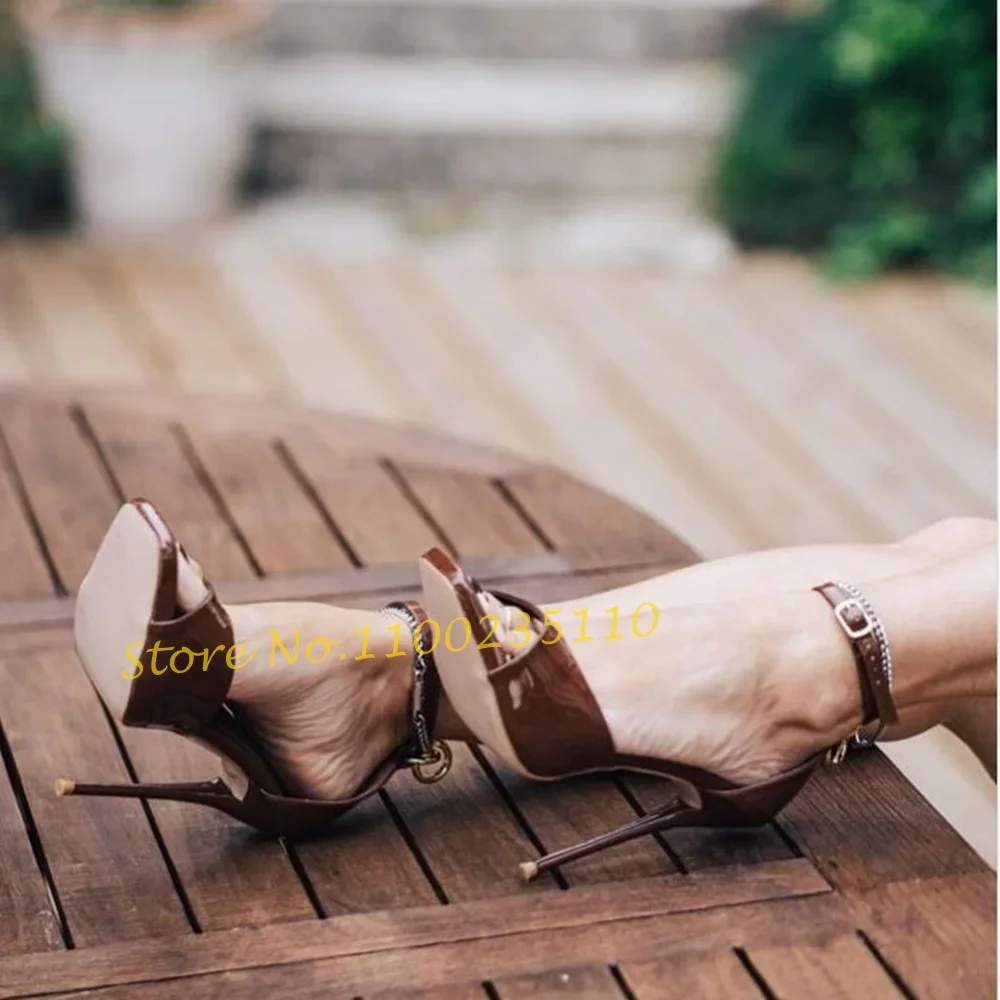 Brown Square Toe Patent Leather Sandals Sexy Female High Stiletto Heel Evening Dress Shoes Women Luxury Ankle Wrap Summer Sandal