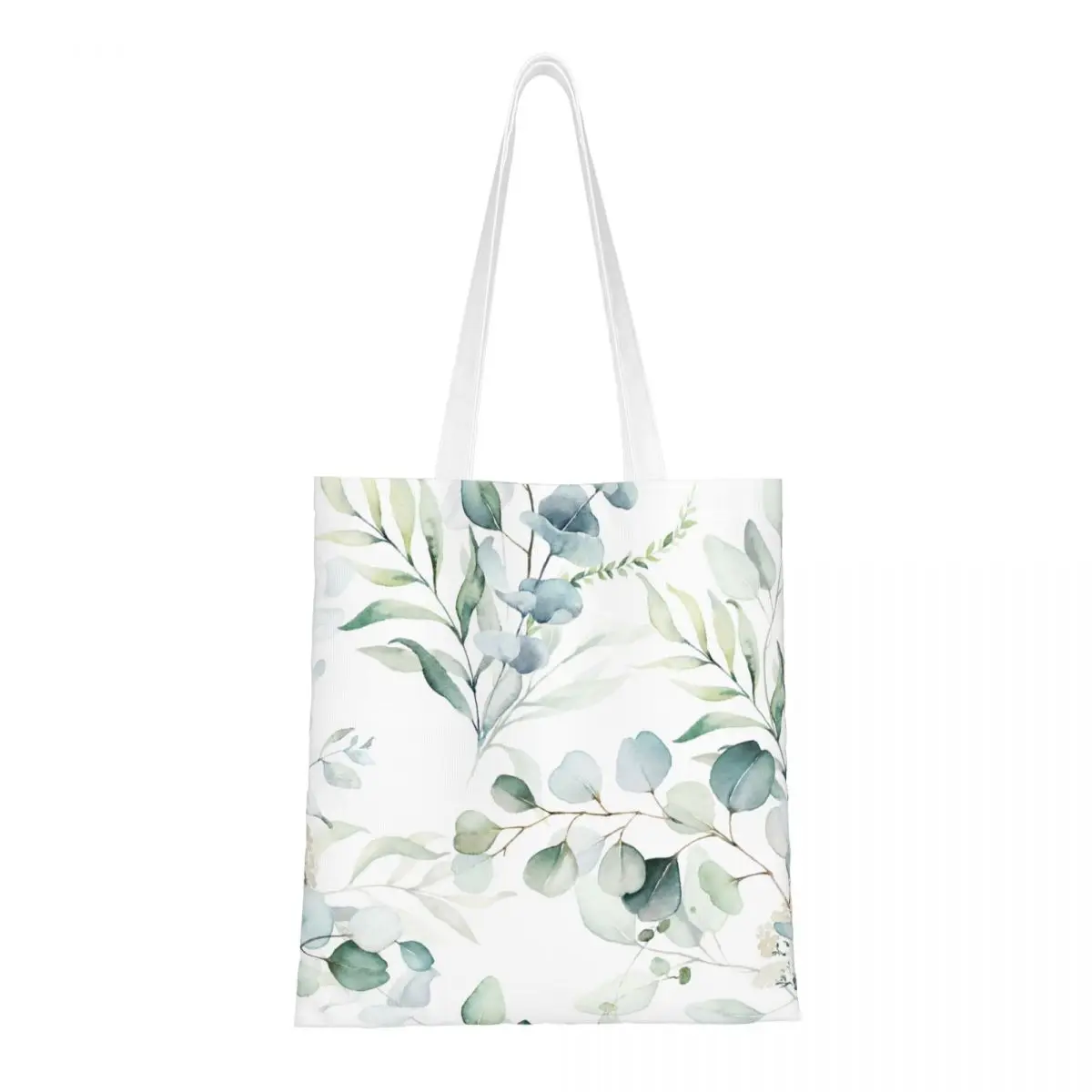 Watercolor Floral Green Leaves Canvas Tote Bag Fashion Large Capacity Grocery Bag for Unisex Romantic Flowers School Bags