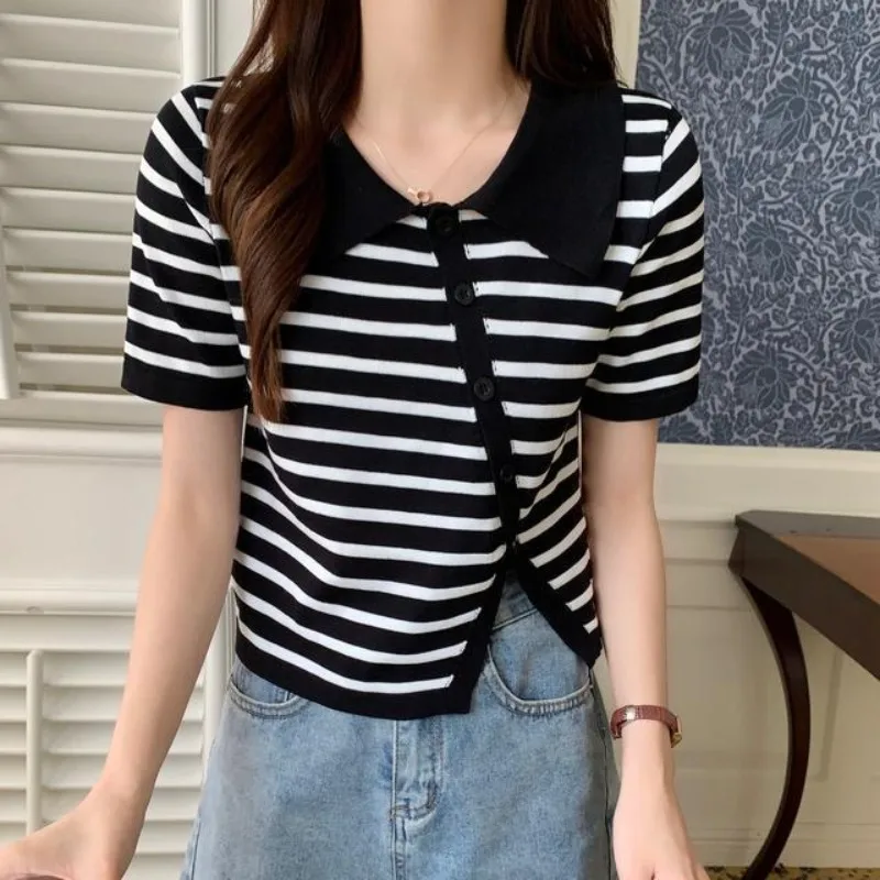 

Women's Polo Shirts Irregular Open The Slit Striped Knitted T-shirts New Pulovers Youth Basic on Offer in Trend 2025 Female Tee