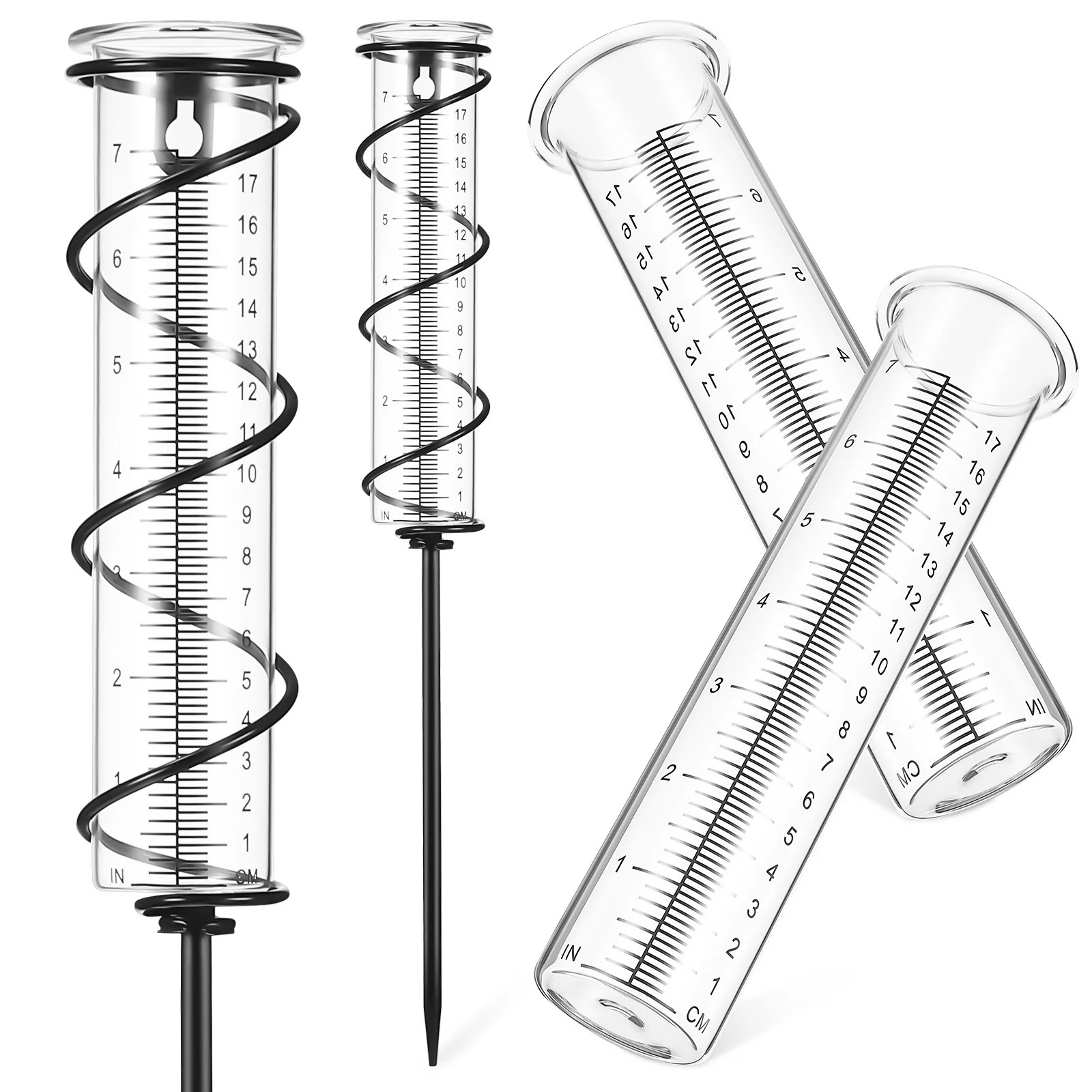 

Glass Rain Gauge Dual Scale Design Easy Emptying Cleaning Spiral Iron Bracket Replacement Tubes for Yard Garden
