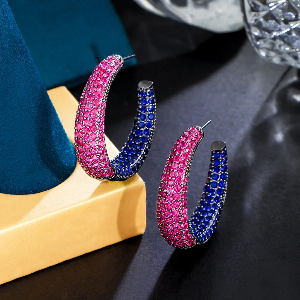 ThreeGraces Trendy Blue Red Cubic Zirconia Brazilian Party Hoop Earrings for Women New Fashion Black Gold Color Jewelry E1144