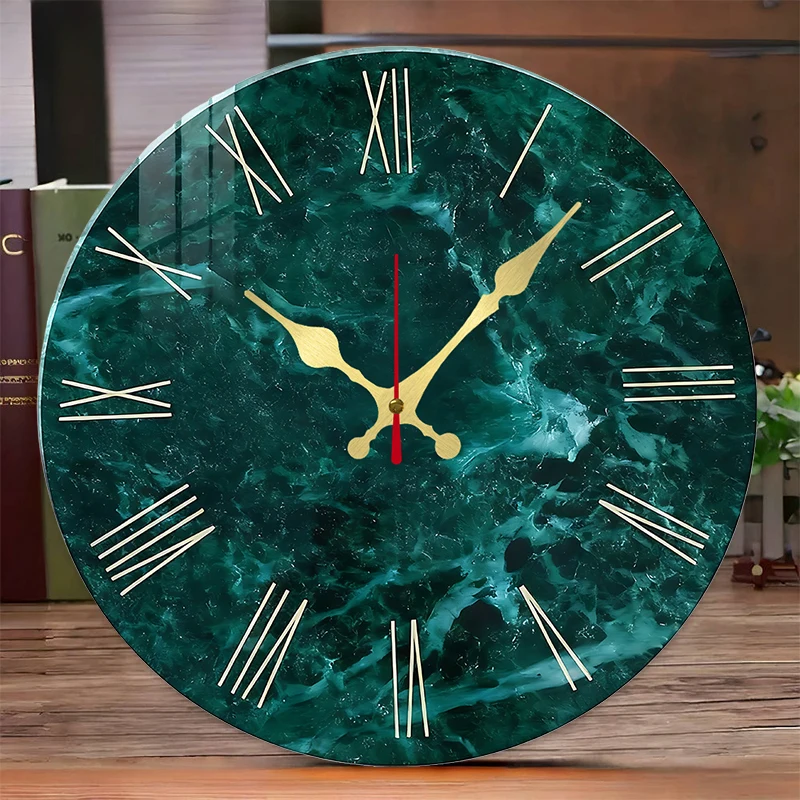Teal Marble Texture Wooden Round Silent Hanging Wall Clock, Suitable For Living Room, Office,Study Room,Bedroom, Home Decoration