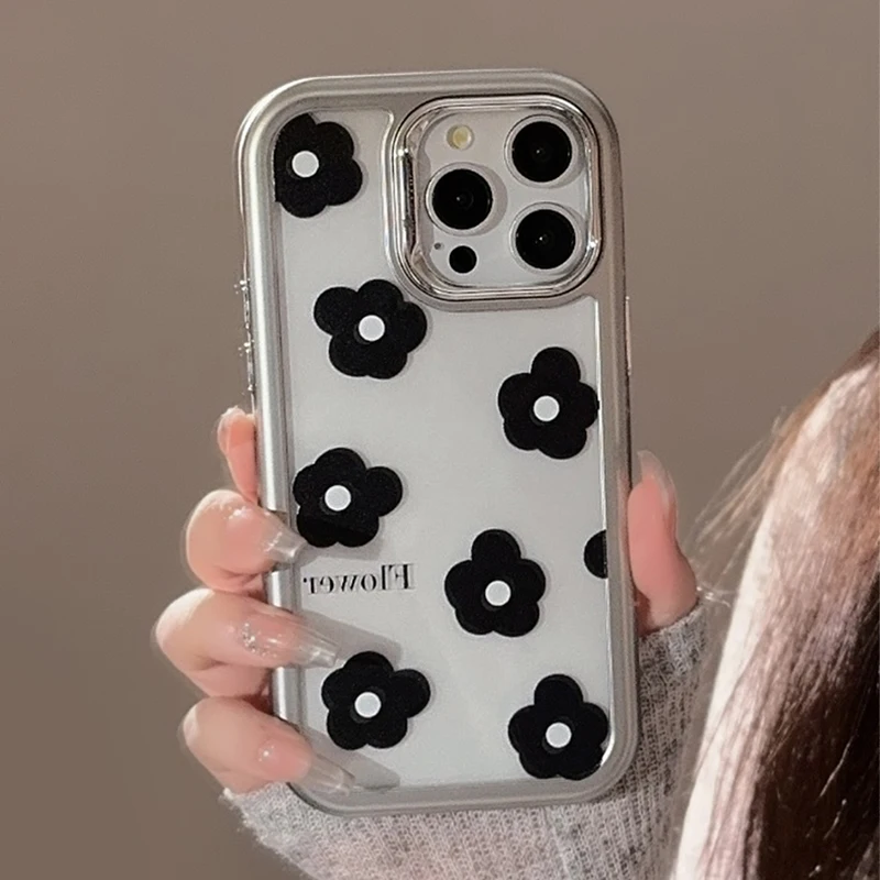 Korean Cute Black Flower Phone Case For Apple Phone 15 14 13 Pro Max Plating Silver Frame Anti Fall Lens Protection Covers Girls