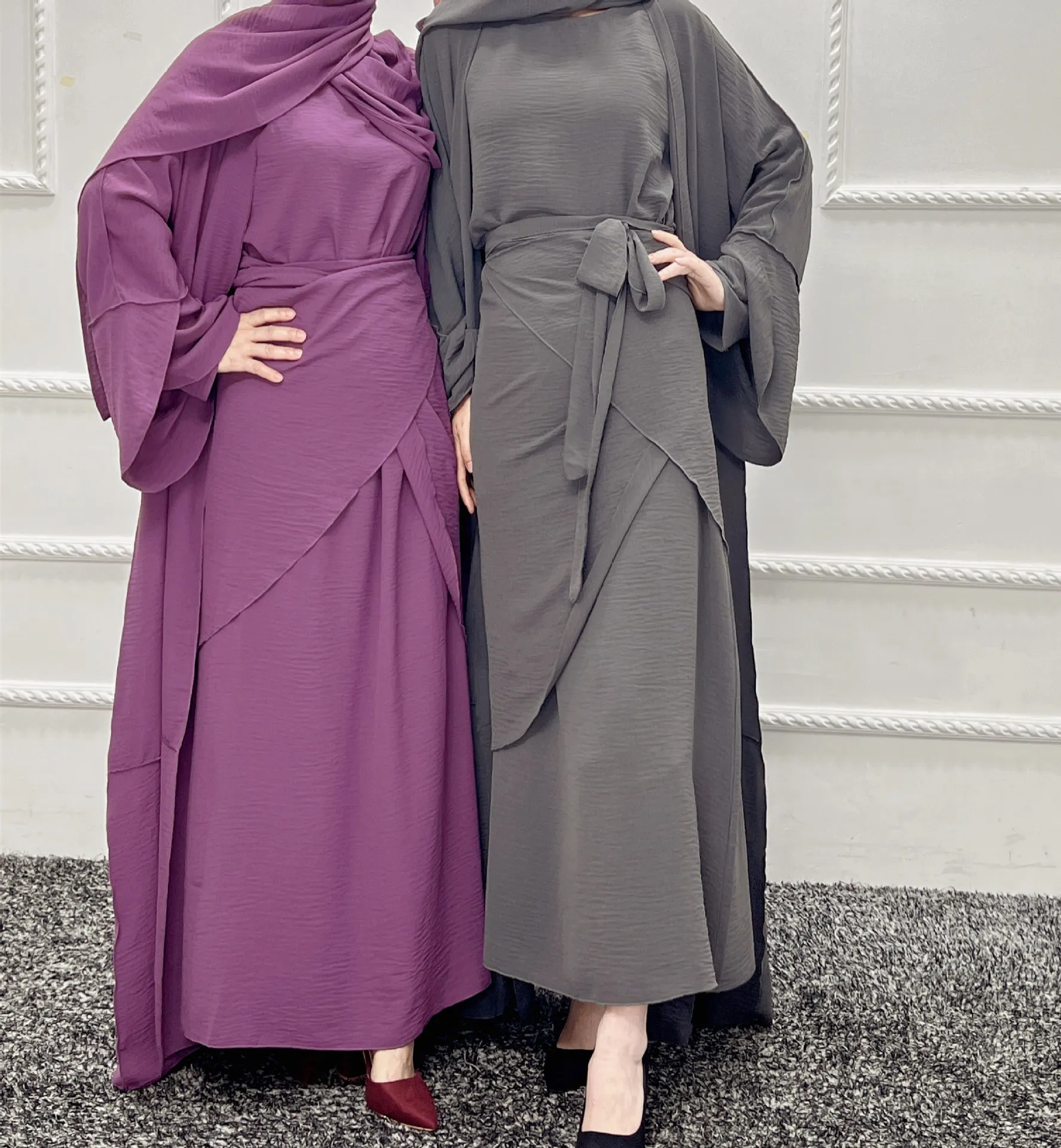 3 Piece Kimono Abaya Matching Muslim Set Crepe Open Abayas for Women Dubai Turkey Hijab Long Dress with Wrap Skirt Islam Outfits