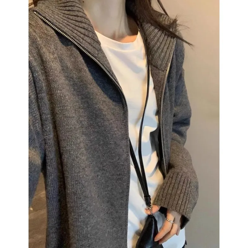 

French-style mid-length large lapel 100 pure wool knitted cardigan for women, loose sweater base coat for autumn and winter