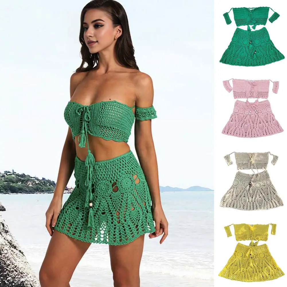 Conjunto de biquíni de malha de crochê Tecido oco Top de renda Mini saia de cintura alta Swimwear artesanal, Beachwear, 2 peças por conjunto