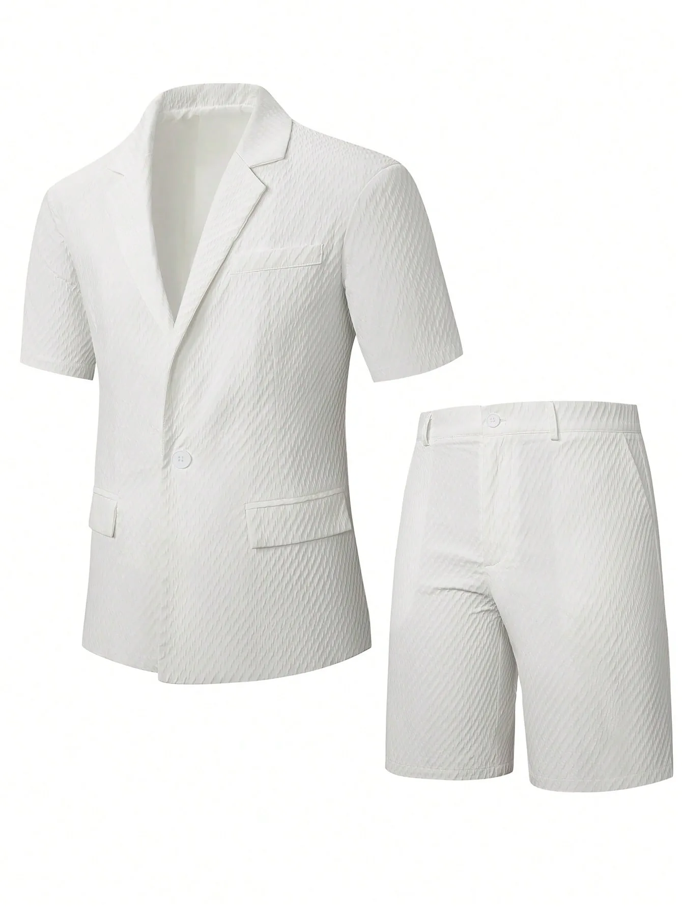 Herren Leichter Strukturierter Zweiteiler mit Reverskragen, Kurzarm-Einreiher-Blazer und Passenden Shorts für Sommerlichen Smart-Casual-Look – Detail 16