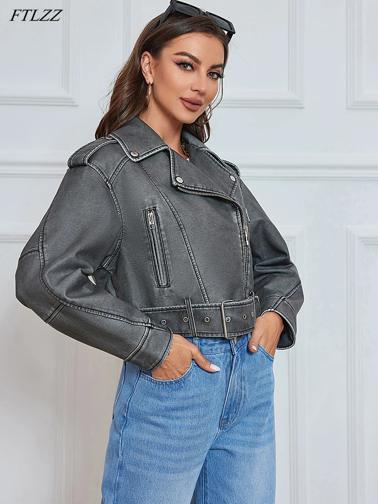 FTLZZ Women Vintage Loose Zipper Belt Faux Leather Short Jacket Spring Autumn Female Retro Coat Chic Moto Biker Outwear Tops