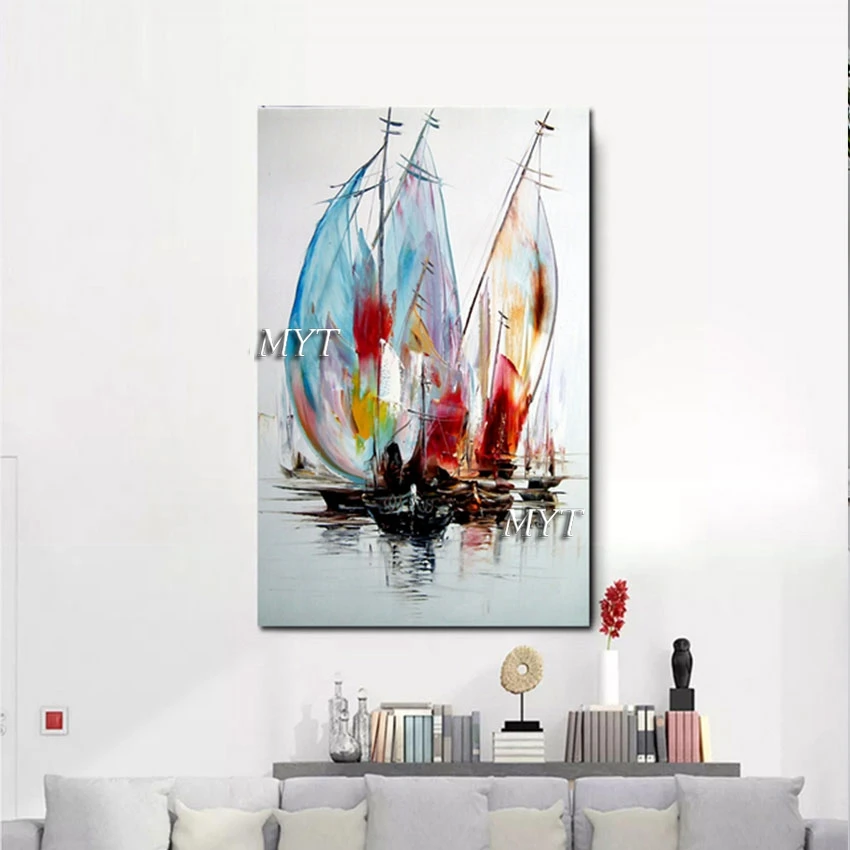 

100% Hand-painted Sailboats Artwork Acrylic Picture Modern Sleeping Room Decor Item Canvas Art Abstract Seascape Oil Painting