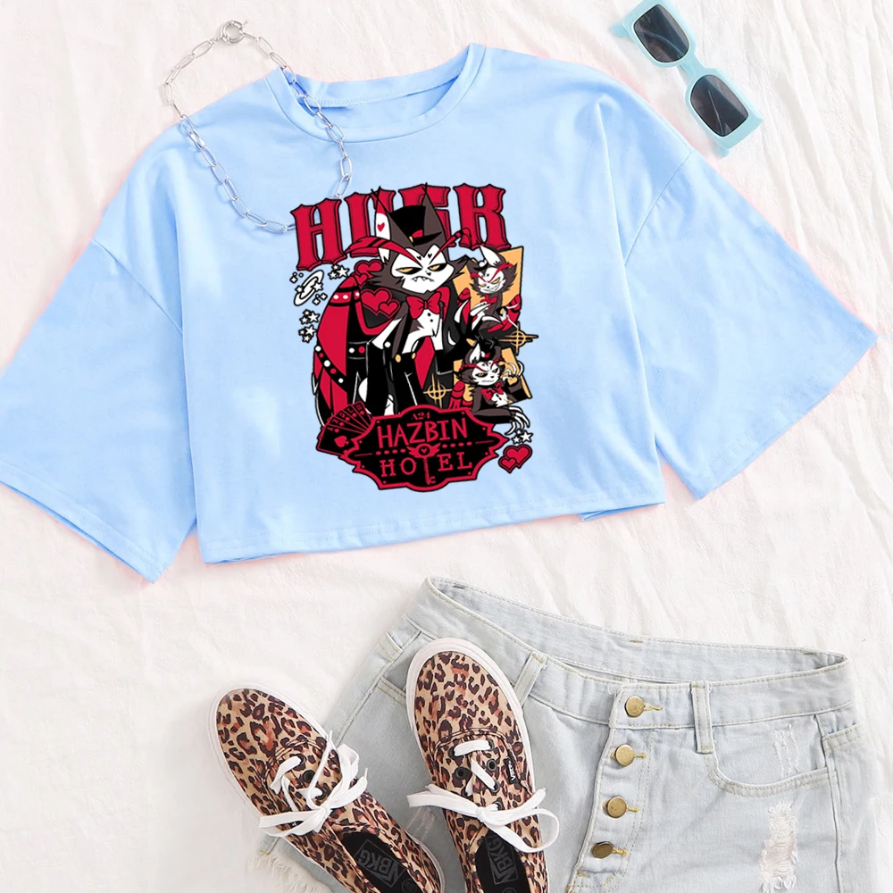 Koszulka Hazbin Hotel Husk Damska Krótki Rękaw Okrągły Dekolt Krótki Top T-shirt