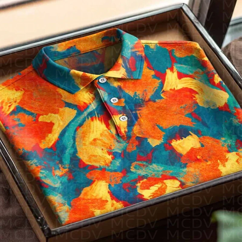 Mix Flower Color Button-Down Shirt Casual Short Sleeve Polo Shirt Men‘s Short Sleeve Polo Shirt