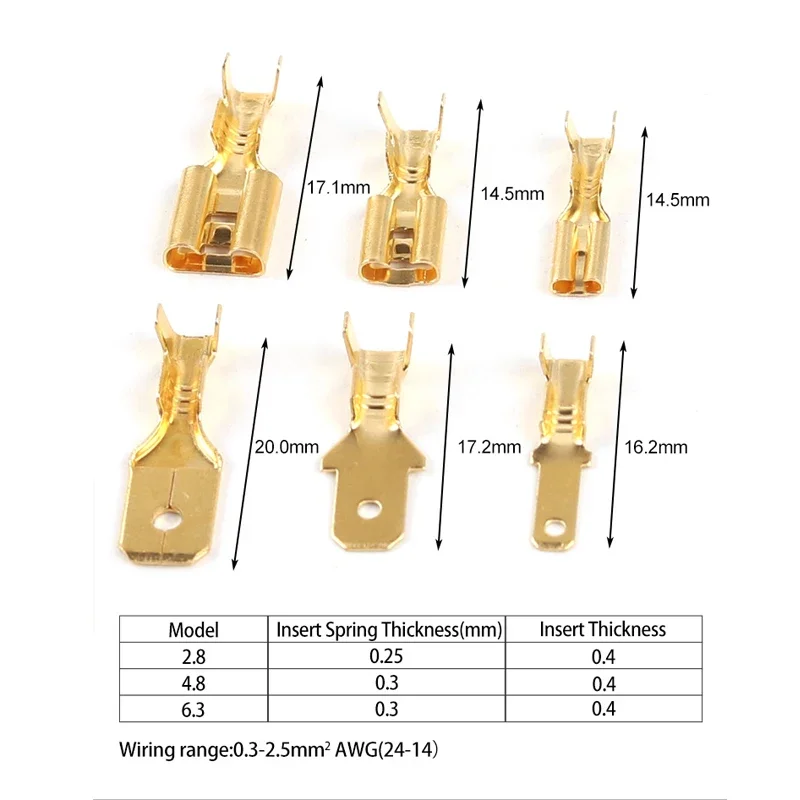 100 sets of 6.3 plug-in spring+sheath 0.4 thick female copper connectors, plug-in cold pressed terminal connectors