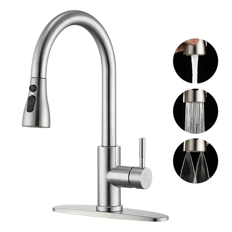 304 Stainless Steel Kitchen Faucet with Hot and Cold Water Mixer Retractable Pull-Out Design for Washing Basin and Sink