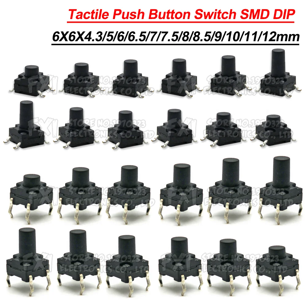 20PCS 6X6 PCB Tactile Mini Push Button Switch SMD DIP 4pin Micro Switch 6*6*4.3/5/6/7/8 Mm 6x6*4.3mm 5mm 6mm 7mm 8mm Waterproof