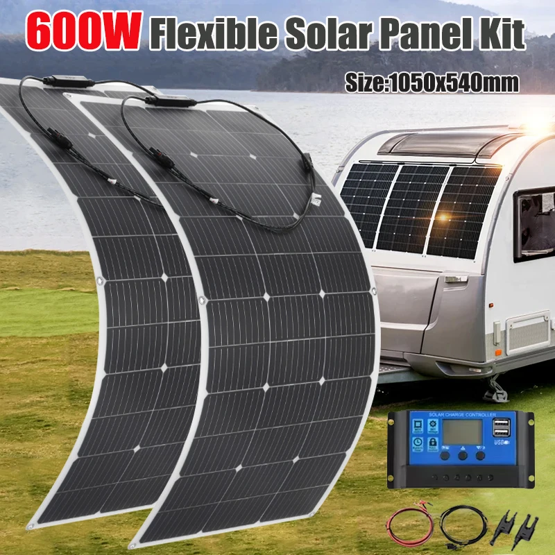 

600W 300W Flexible Solar Panel With 60A Controller Kit Bendable Waterproof Monocrystalline Solar Cell for Camping Car RV Boat