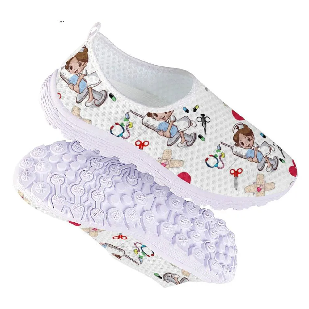 Women Sweet Cute Cartoon Nursing Doctor Printed Flats Shoes Casual Summer Slip on Sneakers Lightweight Nurse Ladies Shoe Loafers