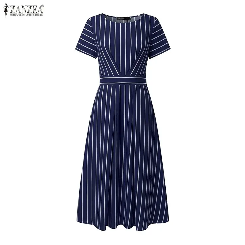 ZANZEA Stilvolles Damen-Kleid mit O-Ausschnitt und kurzen Ärmeln, gestreift, Sommerkleid, OL-Arbeitskleid, elegantes A-Linien-Midikleid mit Taille, Freizeitkleider – Detail 12