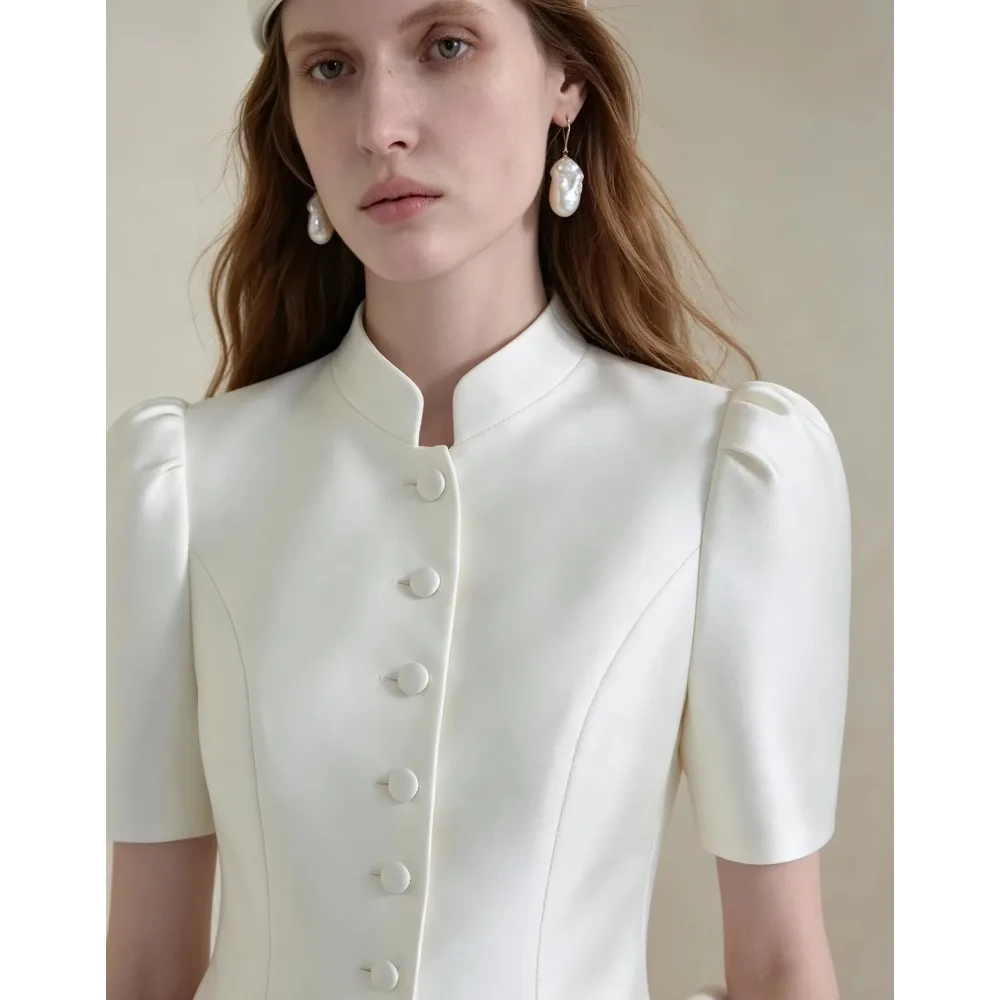 LOVE Stand Collar Short Sleeve Satin Wedding Suit Elegant Button Front Fitted Jacket Midi Skirt Two Piece Bridal Outfit Wedding