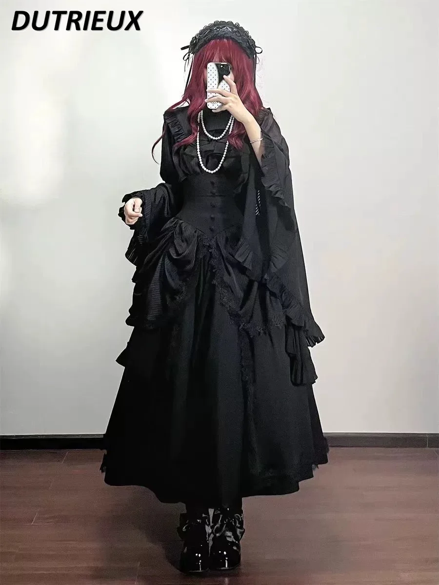 Japanese Lolita Solid Color Tops Flared Long-Sleeved Shirt Dark Goth Style Slimming Daily High Waist Long Skirt Women Outfits