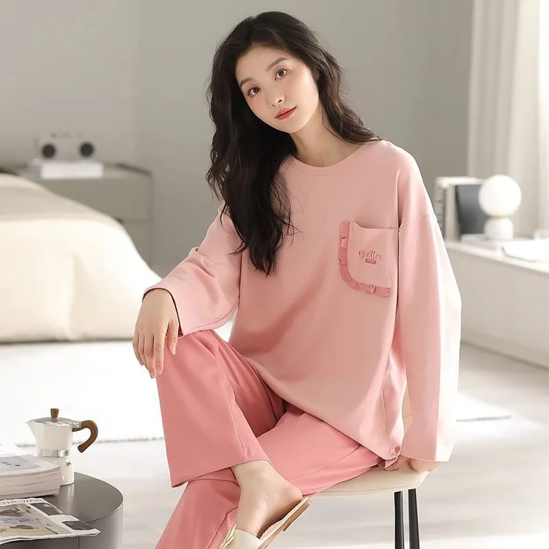 2024 New 100% Double-sided Pure Cotton Pajamas Women Spring Autumn Large-sized Long Sleeved Sleepwear Set Korean Casual Homewear