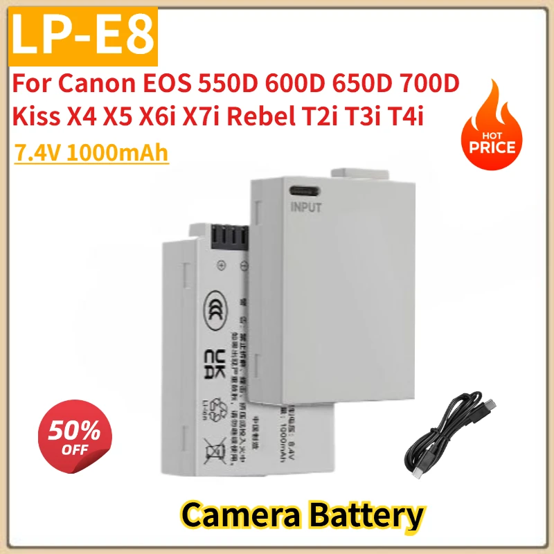 

High Quality LP-E8 7.4V 1000mAh Camera Battery Type-C Charging for Canon EOS 650D 700D 550D Kiss X4 X5 X6i Rebel T2i T3i T4i