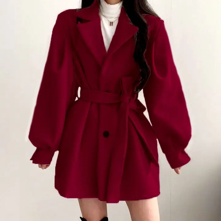 Hepburn Style Apricot Colored Woolen Coat Women's New Style Small Waist Cinched Medium Long Woolen Coat Trendy