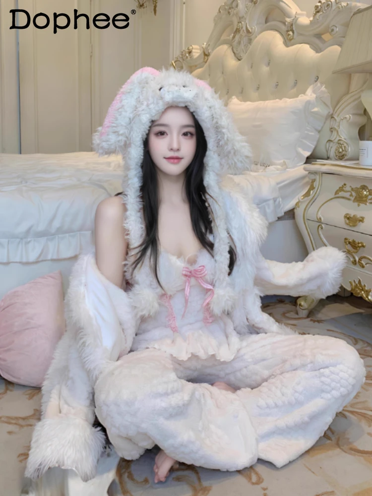 

Зима 2025 года, утепленная теплая пижама из кораллового флиса в японском стиле, сексуальный комплект домашней одежды в стиле принцессы для милых девочек