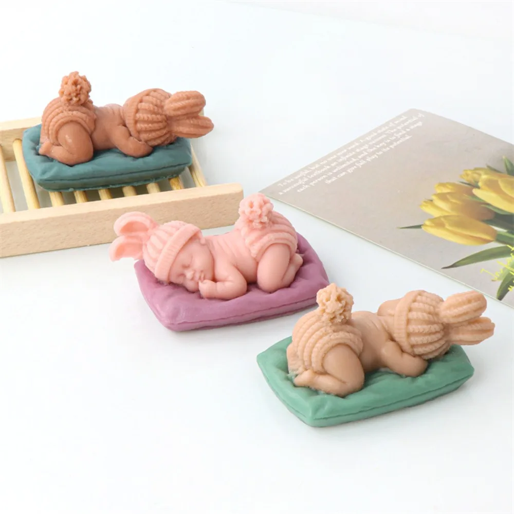 Lovely Sleeping Rabbit Baby Plaster Doll Silicone Molds Long Ears Bunny Cupid Candle Resin Making Baby Room Decor Birthday Gifts