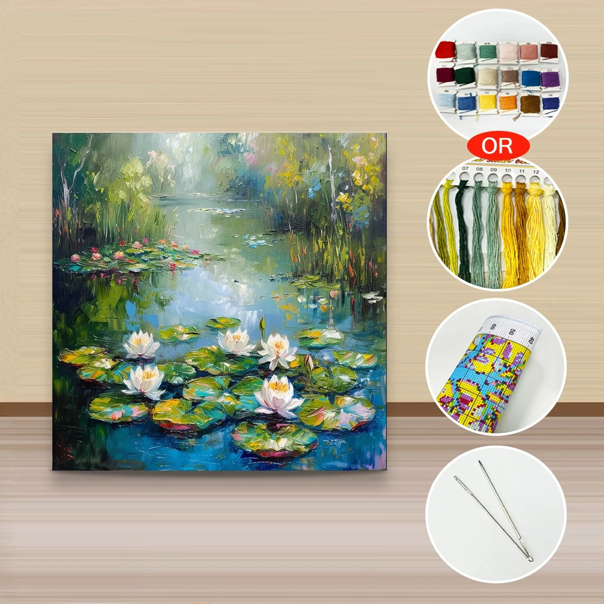 1 Stück 40x40 cm/15,74 Zoll, 11Ct/14Ct Kreuzstich-Set, DIY Valentinstagsgeschenk, Stickerei-Set für Festlichkeiten, Wasserlilien-Teichlandschaft – Detail 2
