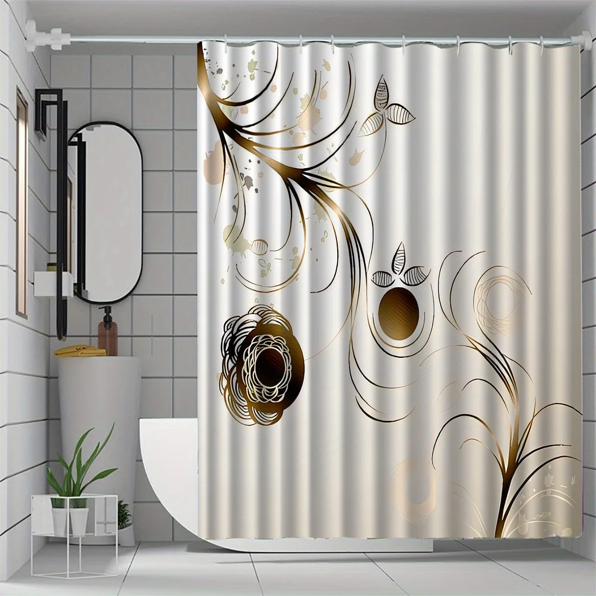 

Элегантная занавеска для душа с золотой линией, всесезонный художественный цветочный узор, аксессуар для ванной комнаты, занавески для душа для ванной комнаты