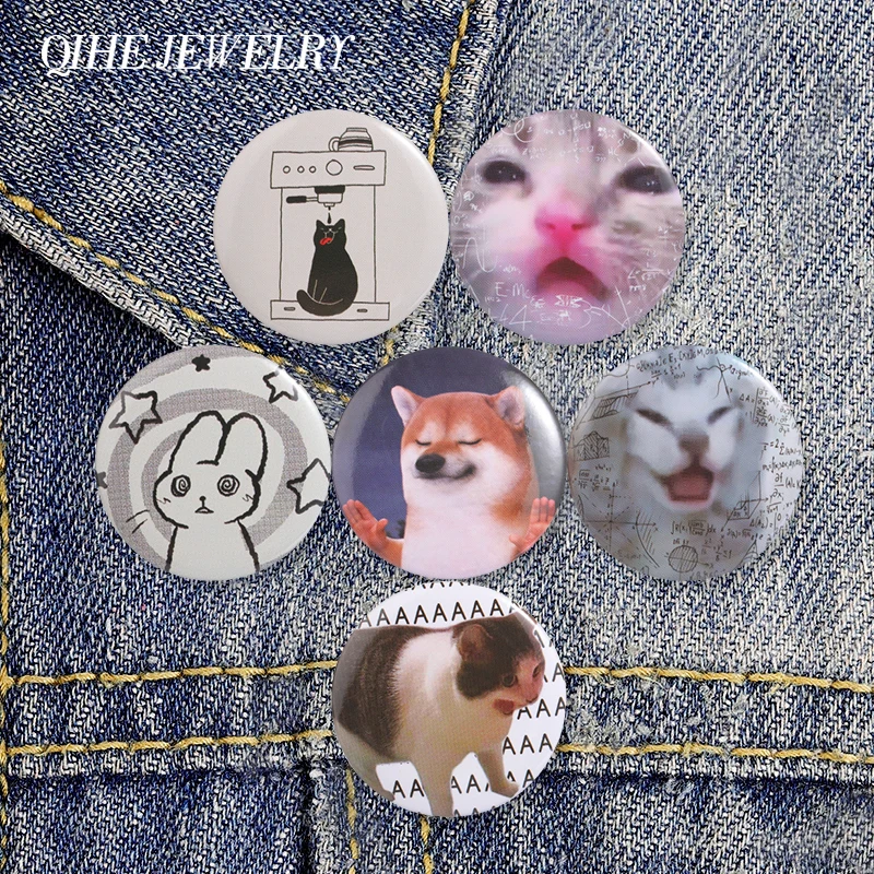 Cute Animal Meme Tinplate Soft Button Pins Cute Cartoon Dizzy Rabbit Coffee Cat Shiba Inu Shrug Metal Brooch Badge Jewelry Gifts