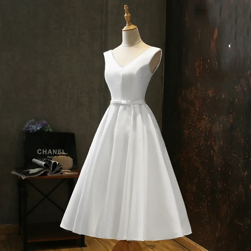 Sexy V-Ausschnitt weiß Satin Midi Brautkleid Sommer elegante Abschluss ball Abend Hochzeit Brautjungfer Gast lange Party kleider für Frauen