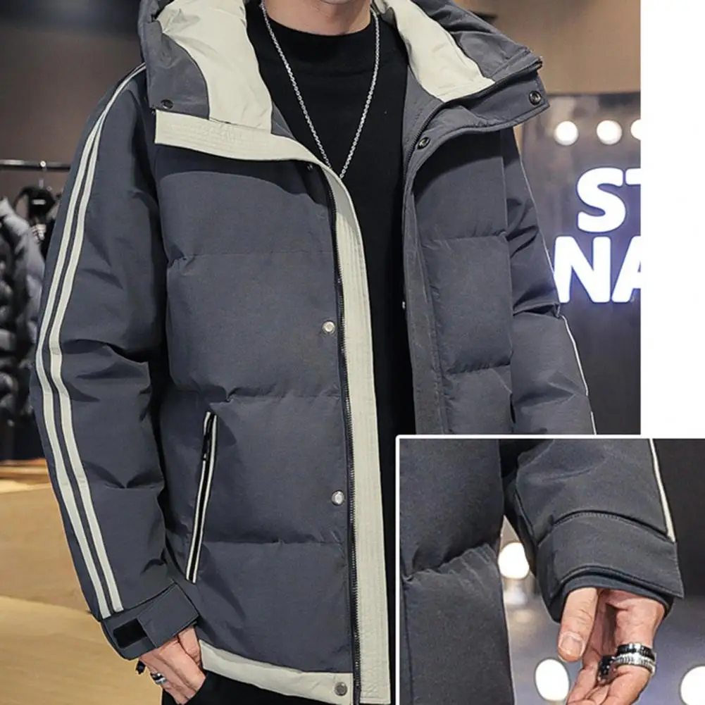 Men Cardigan Jacket Windproof Hooded Cotton Jacket for Men with Long Sleeve Color Patchwork Design Warm Padding Zipper Placket
