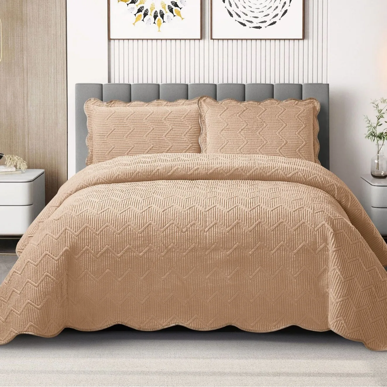 

Fluffy 3D Wave Embroidered Quilt Set, Double-Sided Embroidery Bedspread, Winter Plush Bedding 3-Piece Set,Queen Size,Home Decor