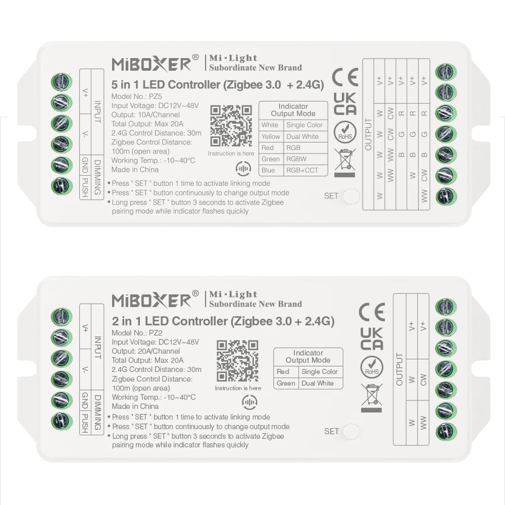 Miboxer DC12~48V PZ2 2IN1 PZ5 5IN1 Zigbee3.0 +2.4G RF LED Controller Max 20A For Single/Dual Color /RGB/RGBW/RGB+CCT Led Strip